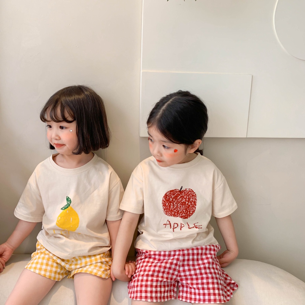 Set cộc tay hoa quả áo chất vải cotton phối quần kẻ đũi cho bé trai, bé gái - Bộ quần áo trẻ em dễ thương mùa hè