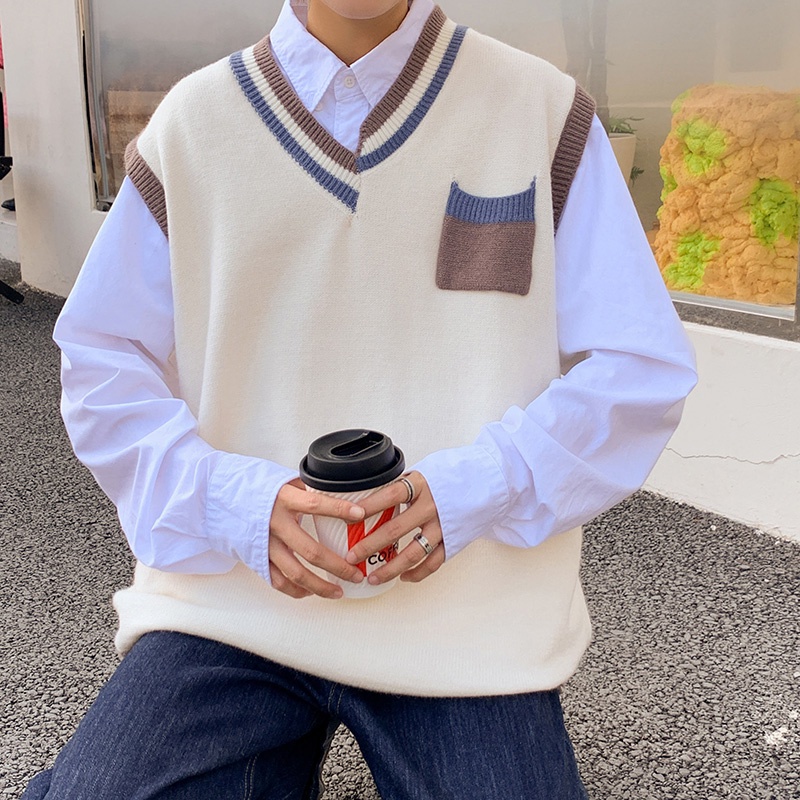 Áo len không tay cổ chữ V họa tiết kẻ sọc thời trang sành điệu cho nam