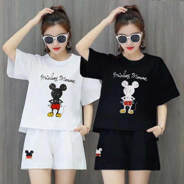 Set Đồ Thể Thao Plus Size / 40-150kg / 4 Món Tay Ngắn Dáng Rộng In Hình Chuột Mickey Cho Nữ