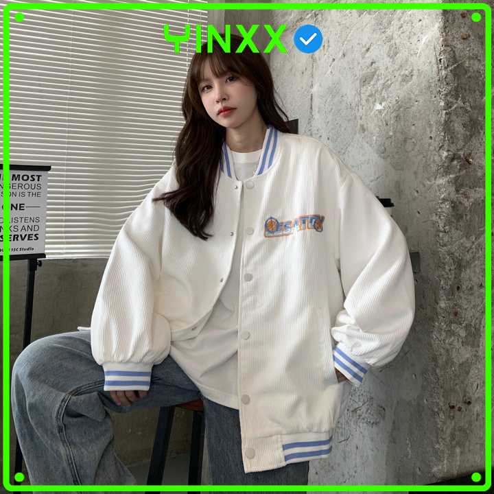 Áo khoác nhung tăm nam nữ 2 lớp Yinxx, áo bomber jacket form rộng thêu chữ AK23