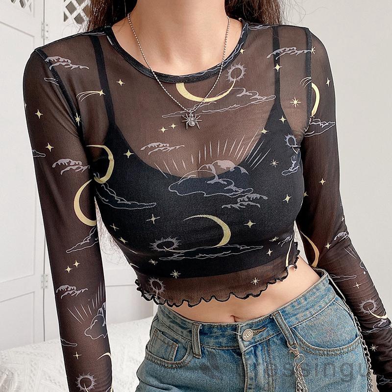 Áo Croptop Nữ Tay Dài Xuyên Thấu Gợi Cảm Thời Trang