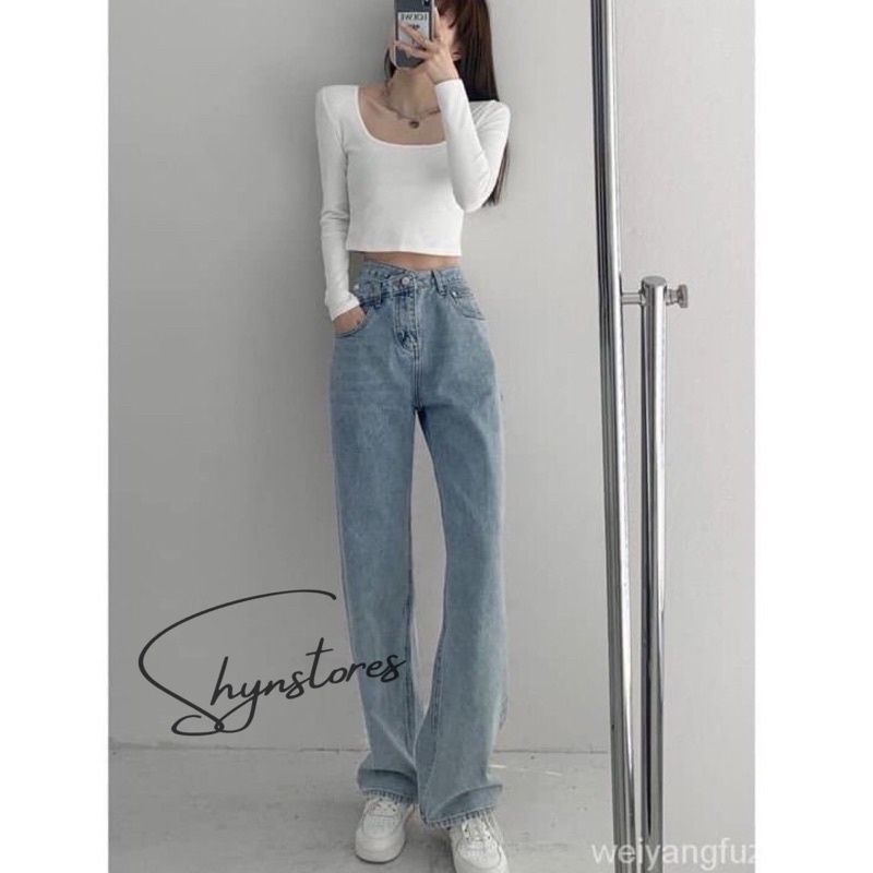 Quần jeans nữ Shynstores - quần suông ống rộng cạp chéo dáng dài vải đẹp freeship | BigBuy360 - bigbuy360.vn