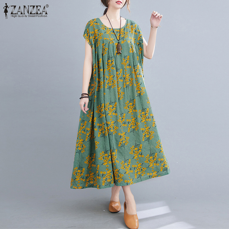 Đầm Maxi Nữ ZANZEA In Hoa Tay Ngắn Thời Trang Cổ Điển Thường Ngày