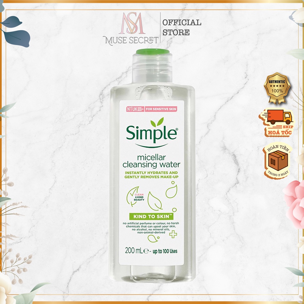 [Quà Tặng Khẩu Trang] Nước Tẩy Trang Simple - Micellar làm sạch trang điểm vượt trội - không chứa cồn gây khô rát 200ml