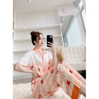 Pijama tay ngắn cổ sơ mi chữ H cam/ Hồng lụa satin cao cấp quảng châu AA02.