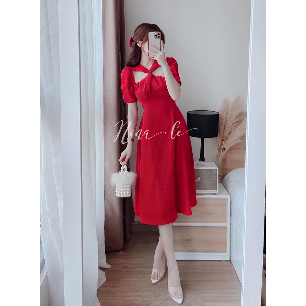 Đầm nữ midi cổ chéo dáng chữ A siêu xinh 2 màu sắc (Đỏ, Trắng) giúp nàng nổi bật đi chơi, dự tiệc