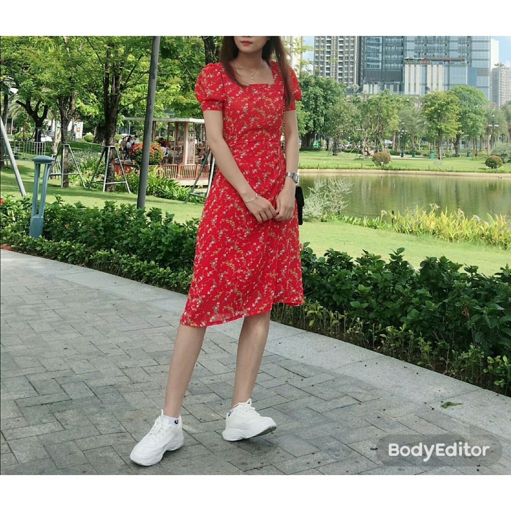 Đầm nữ ❣️FREESHIP❣️Đầm cổ vuông tay phồng hoa nhí - Hàng thiết kế chuẩn