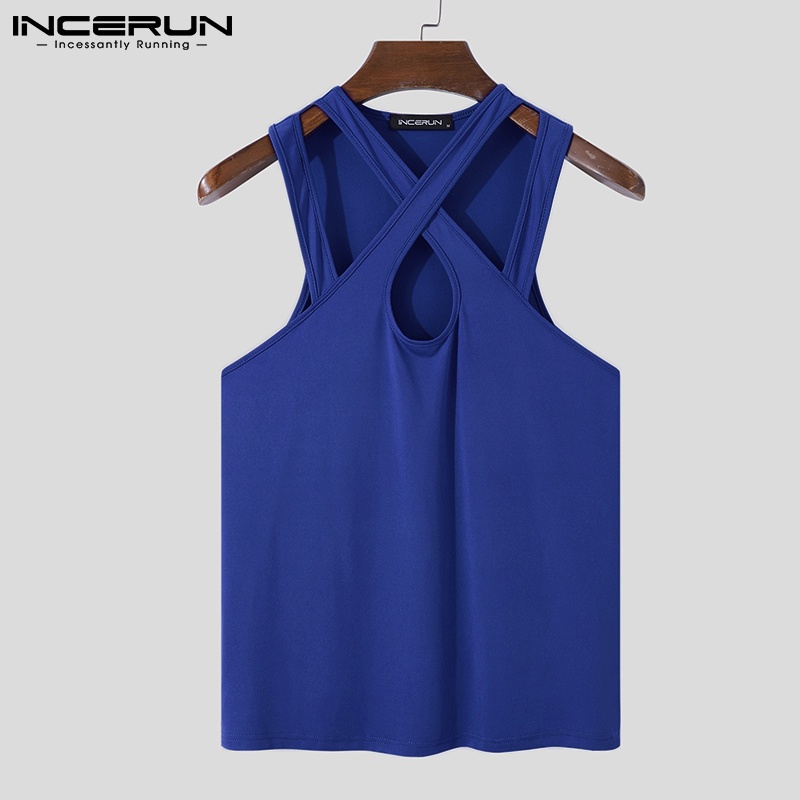 Áo tank top INCERUN không tay thiết kế chéo dây màu trơn thời trang cho nam