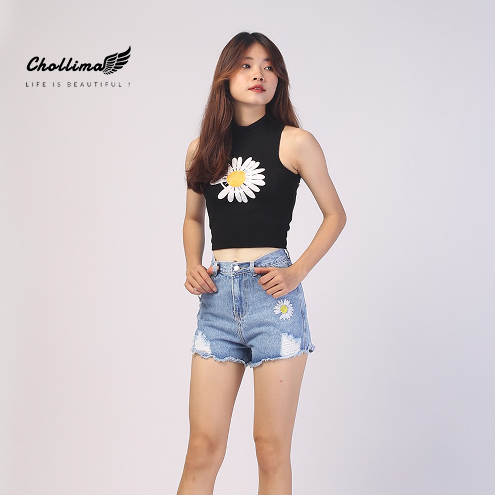 Quần short jeans nữ Chollima tua lai thêu 1 hoa cúc QS014 – quần sọc jeans nữ ulzzang