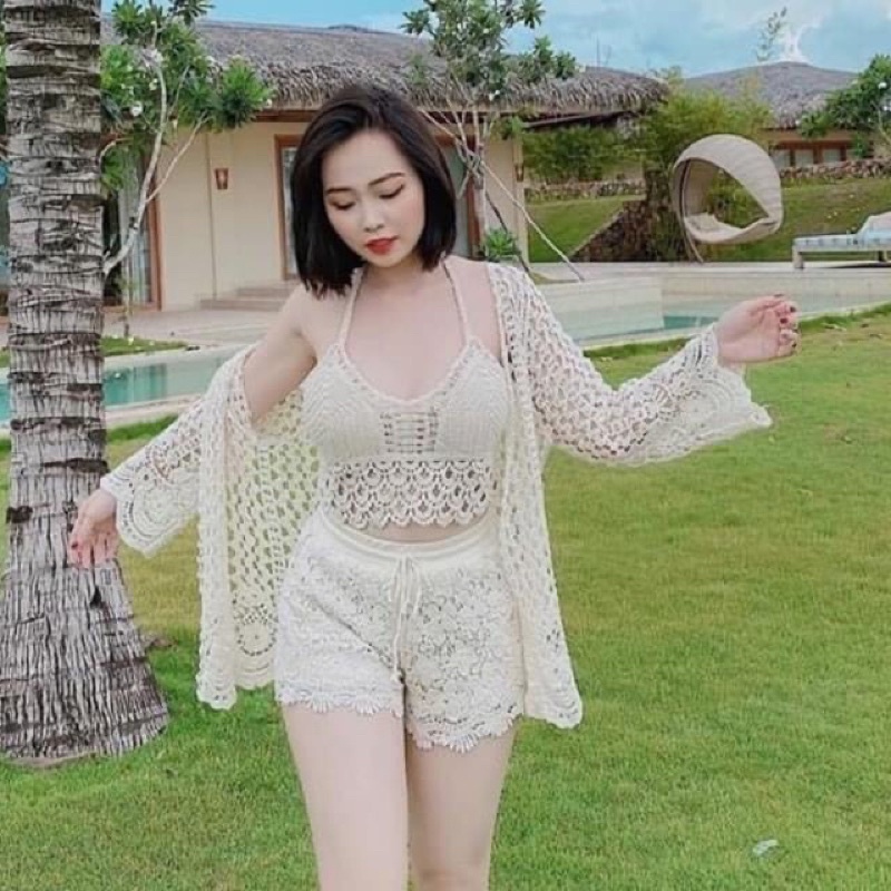 Bikini đồ bơi nữ đi biển len đồng xu mix quần len đai thun