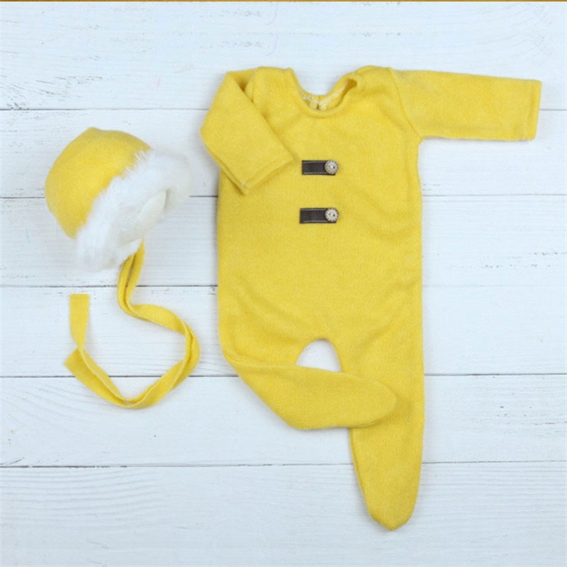 Bộ 2 Món Gồm Áo Liền Quần Dệt Kim + Mũ Beanie Dễ Thương Làm Phụ Kiện Chụp Ảnh Cho Bé Sơ Sinh