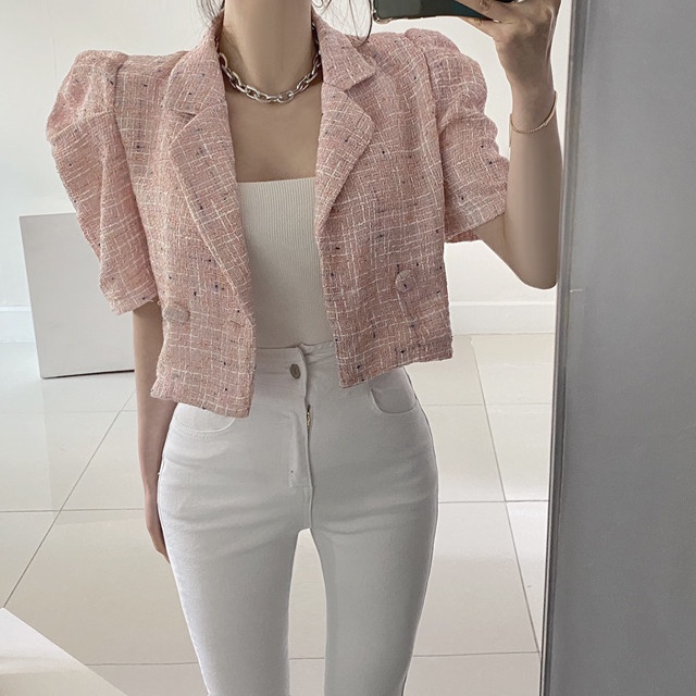 Áo dạ tweed ngắn tay nữ, áo vest tweed sang chảnh A916