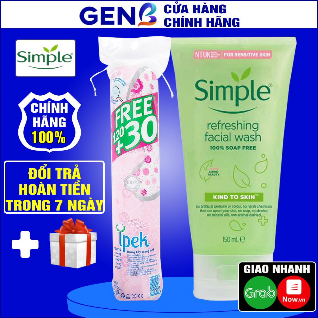 Sữa Rửa Mặt Cho Da Dầu Mụn Da Nhạy Cảm Simple CHÍNH HÃNG+ Bông Tẩy Trang Ipek 130miếng Srm Gel Rửa Mặt SIMPLE Combo GENB