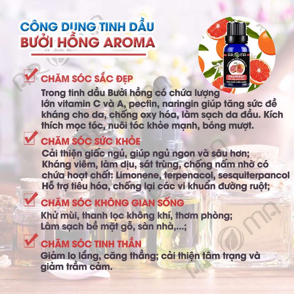 Combo 2 tinh dầu AROMA Sả chanh Lemongrass và Bưởi hồng Grapefruit, tinh dầu thơm phòng, đuổi muỗi