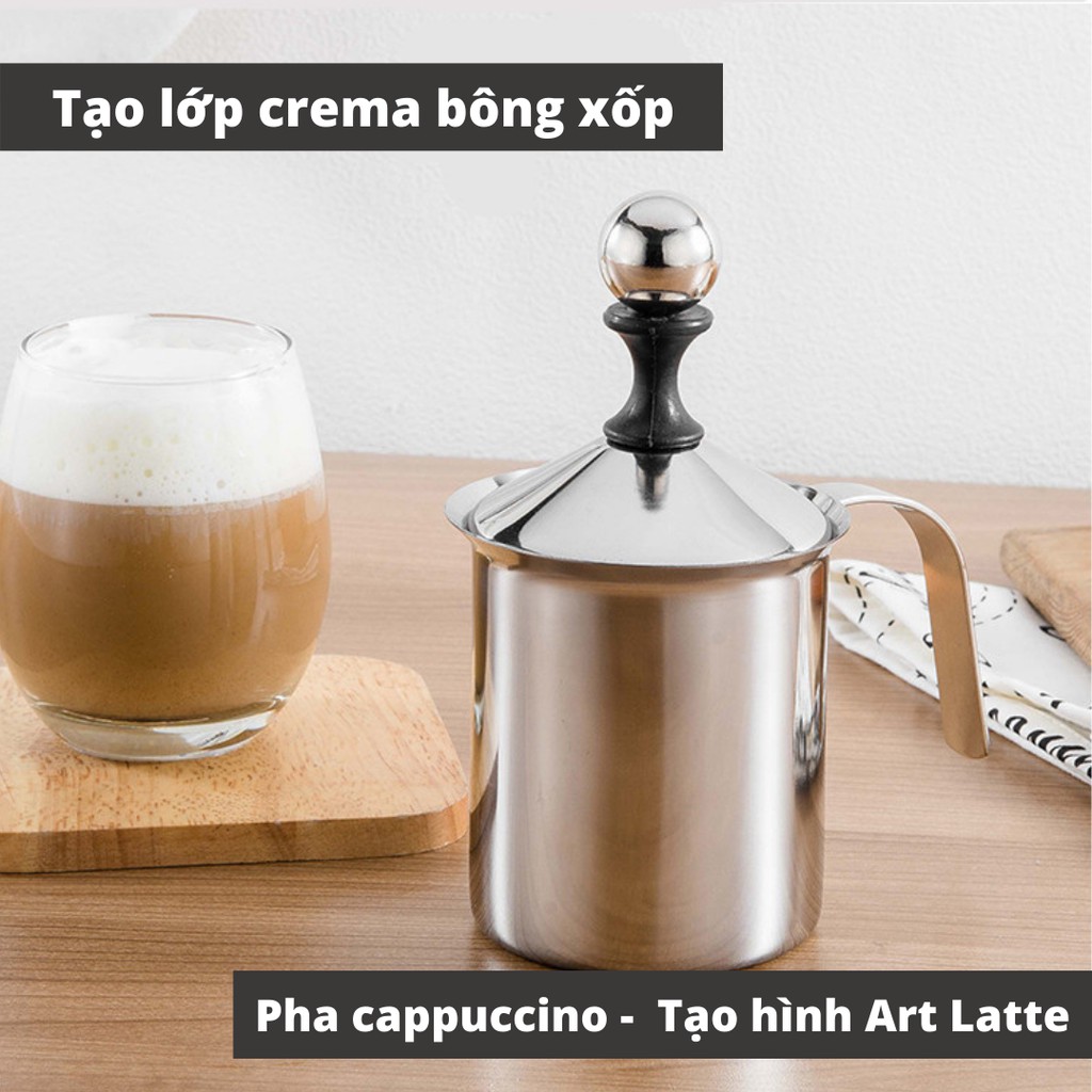 Ca đánh sữa lạnh Inox 304 Có Nắp cao cấp dung tích 400-800ml pha cappuccino đổ hình Art Latte cà phê Espresso tạo bọt