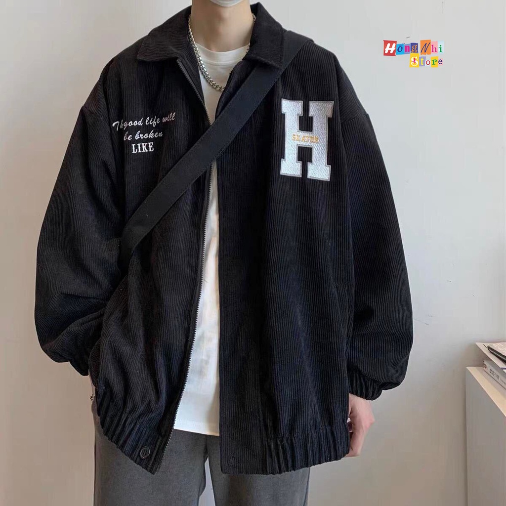 Áo Khoác Bomber Nhung Tăm Thêu Chữ H Dây Kéo Dáng Rộng Nam Nữ Ulzzang Unisex - MM