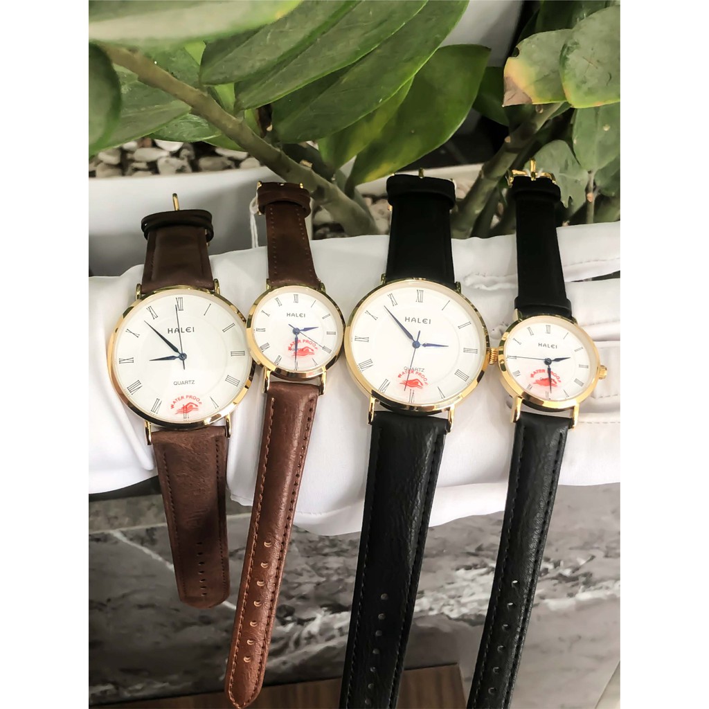 Đồng Hồ Cặp Đôi Nam Nữ HALEI Dây Da Cao Cấp Size 41/26 Chính Hãng Chống Nước