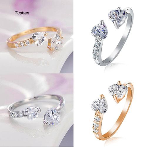 Nhẫn Đồng Dạng Mở Đính Đá Zircon Hình Trái Tim Đôi Cho Nữ