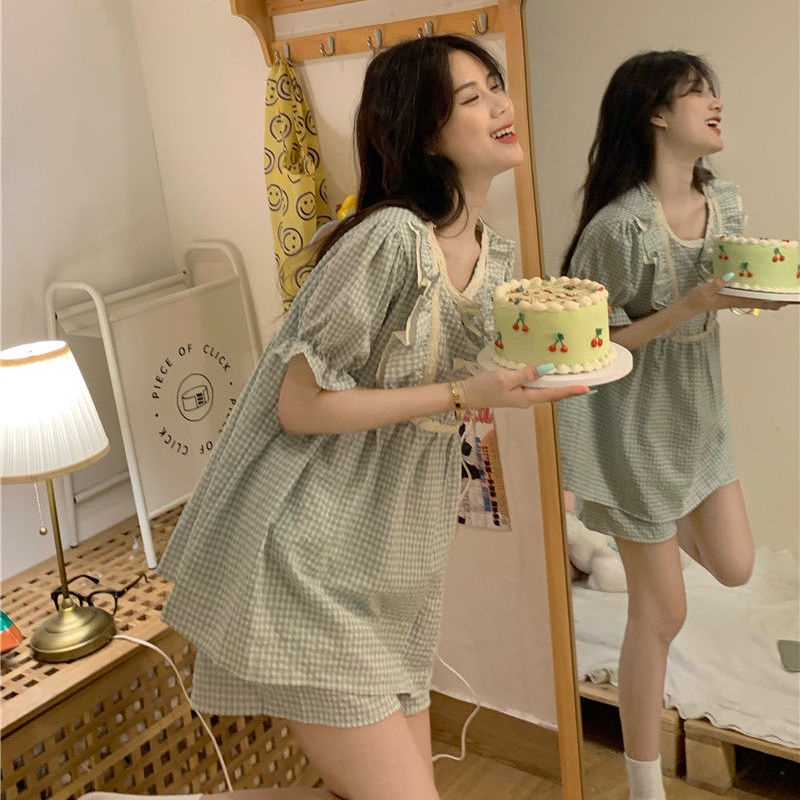 Bộ Đồ Ngủ Ngắn Tay Họa Tiết Caro Dễ Thương Dành Cho Nữ