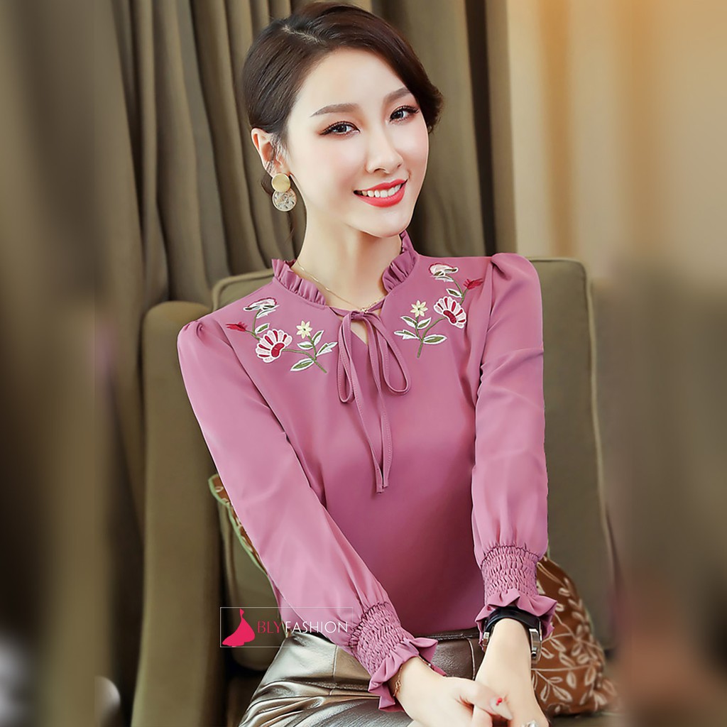 Áo sơ mi cổ tim thắt nơ tay dài chất liệu lụa Hàn Quốc cao cấp BlyFashion SM251 thời trang công sở Thanh lịch Sang trọng
