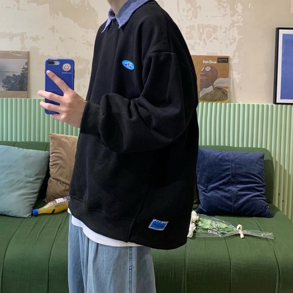 Áo Sweater Tay Dài Cổ Tròn Giả Hai Lớp Form Rộng Phong Cách Hong Kong