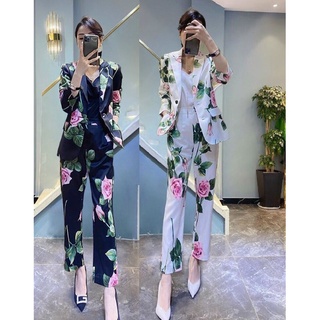 Set bộ vest dài hoạ tiết hoa hồng kèm áo thun