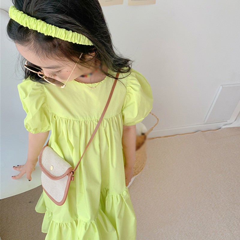 Đầm ngắn tay cổ tròn dáng rộng màu trơn phong cách Hàn Quốc mùa hè dễ thương cho bé gái