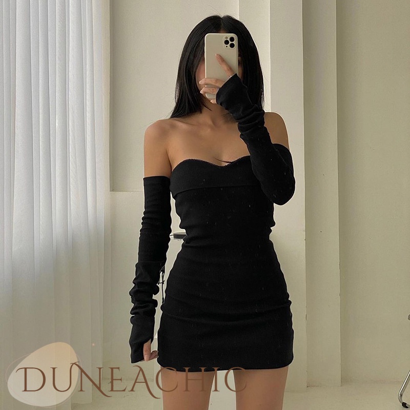 DUNEA Đầm Đen Dài Tay Trễ Vai Phong Cách Quyến Rũ Cho Nữ