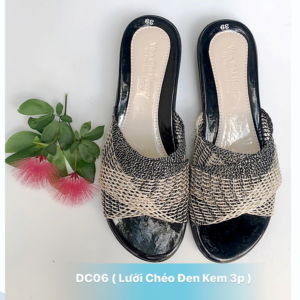 Dép lưới mềm lưới chéo kem đen 3 phân thời trang nữ trung niên cho các quý bà các mẹ cực đẹp