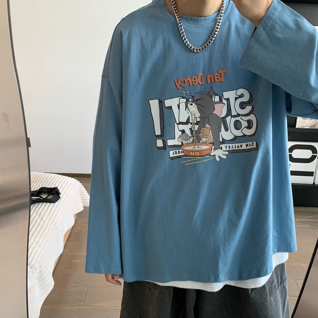 Áo thun tay dài cổ tròn dáng rộng in họa tiết hoạt hình phong cách Hàn Quốc thời trang mùa đông cho nam size M-5XL