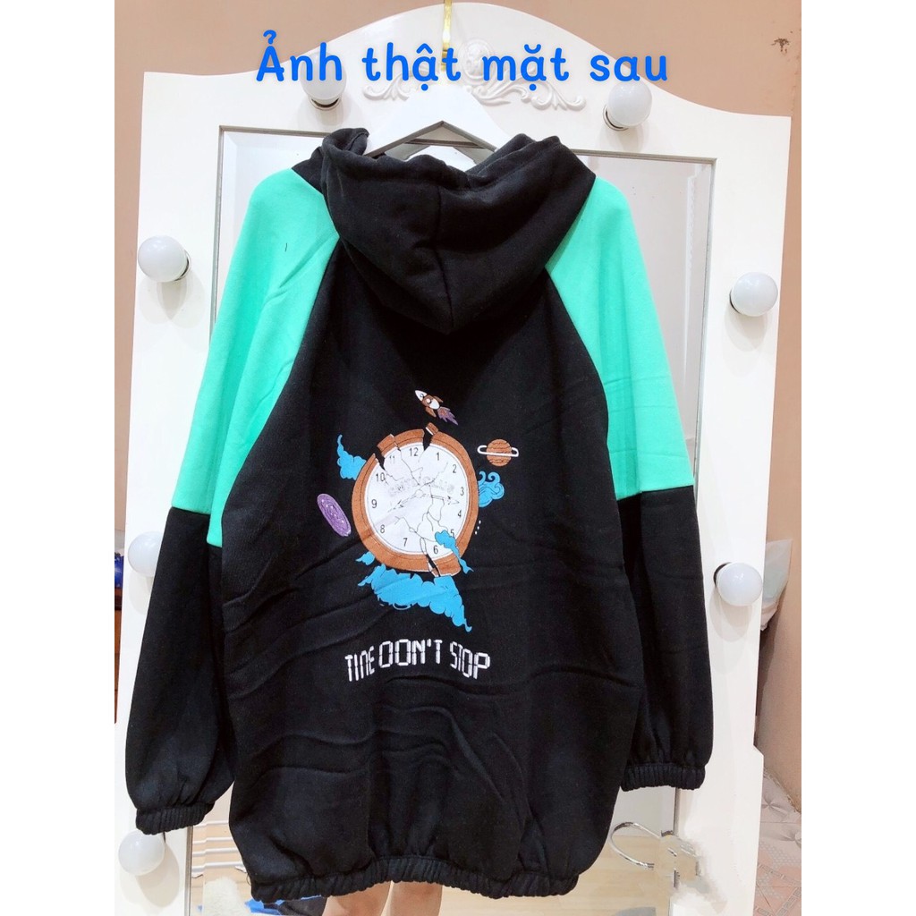 ÁO HOODIE TIME DON'T STOP - ÁO NỈ MŨ NGOẠI RAGLAN CHILI ĐỒNG HỒ XANH CAM HỒNG 👗