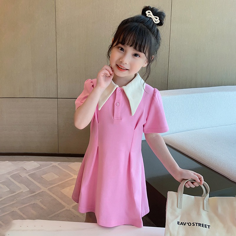 Đầm Công Chúa Mùa Hè Tay Ngắn Cổ Búp Bê Màu Trơn Kiểu Hàn Quốc Se7en Cho Bé Gái