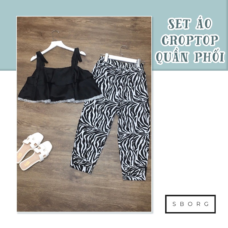 Quần áo thời trang SBORG áo nữ croptop lụa satin bèo tầng nơ vai cute quần linen có túi freesize dưới 55kg quà tặng vợ