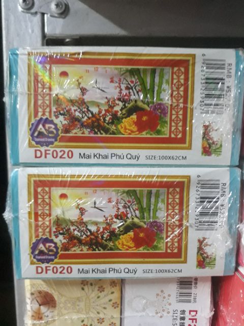 Tranh đính đá đồng hồ cành mai Df020 100x62cm