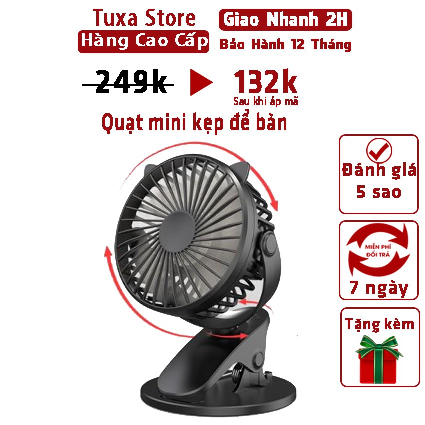 Quạt Mini-Quạt Kẹp Bàn gió siêu mát 3 cấp độ-Xoay 720 độ-Dùng pin 2000mAh-Usb