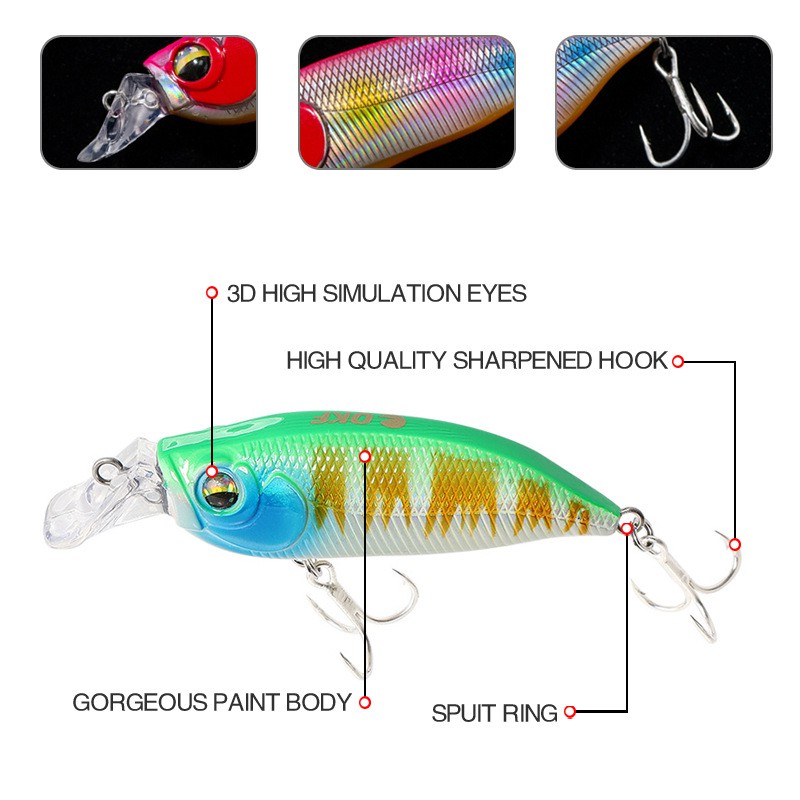 Crankbait Câu cá biển nông Mồi câu với 8 # Móc câu 57mm / 8g Mồi câu cá nước mặn nổi Minnow