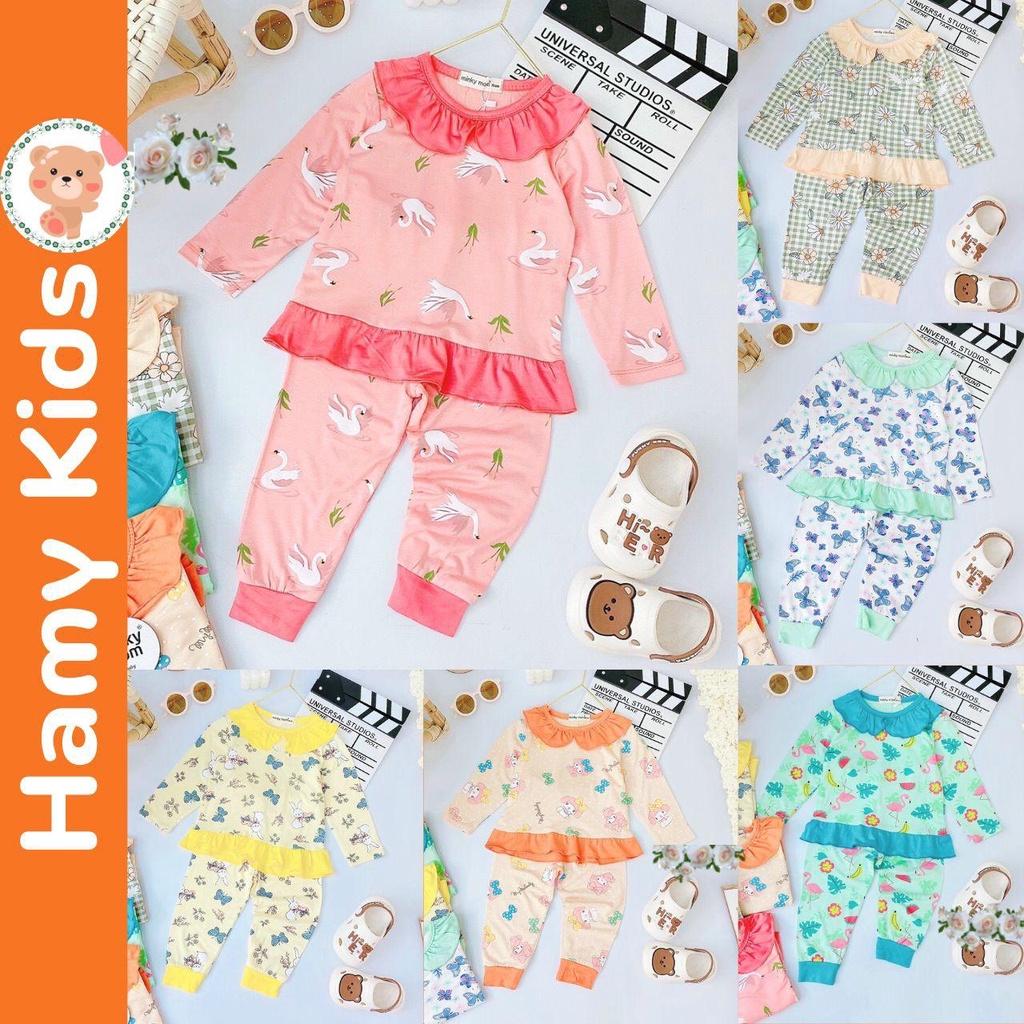 Bộ Dài Tay Minky Mom Chính Hãng Bé Gái Vải Thun Lạnh Hoa Văn Cute Cho Bé 0-5 Tuổi Dưới 20kg - Hamykids