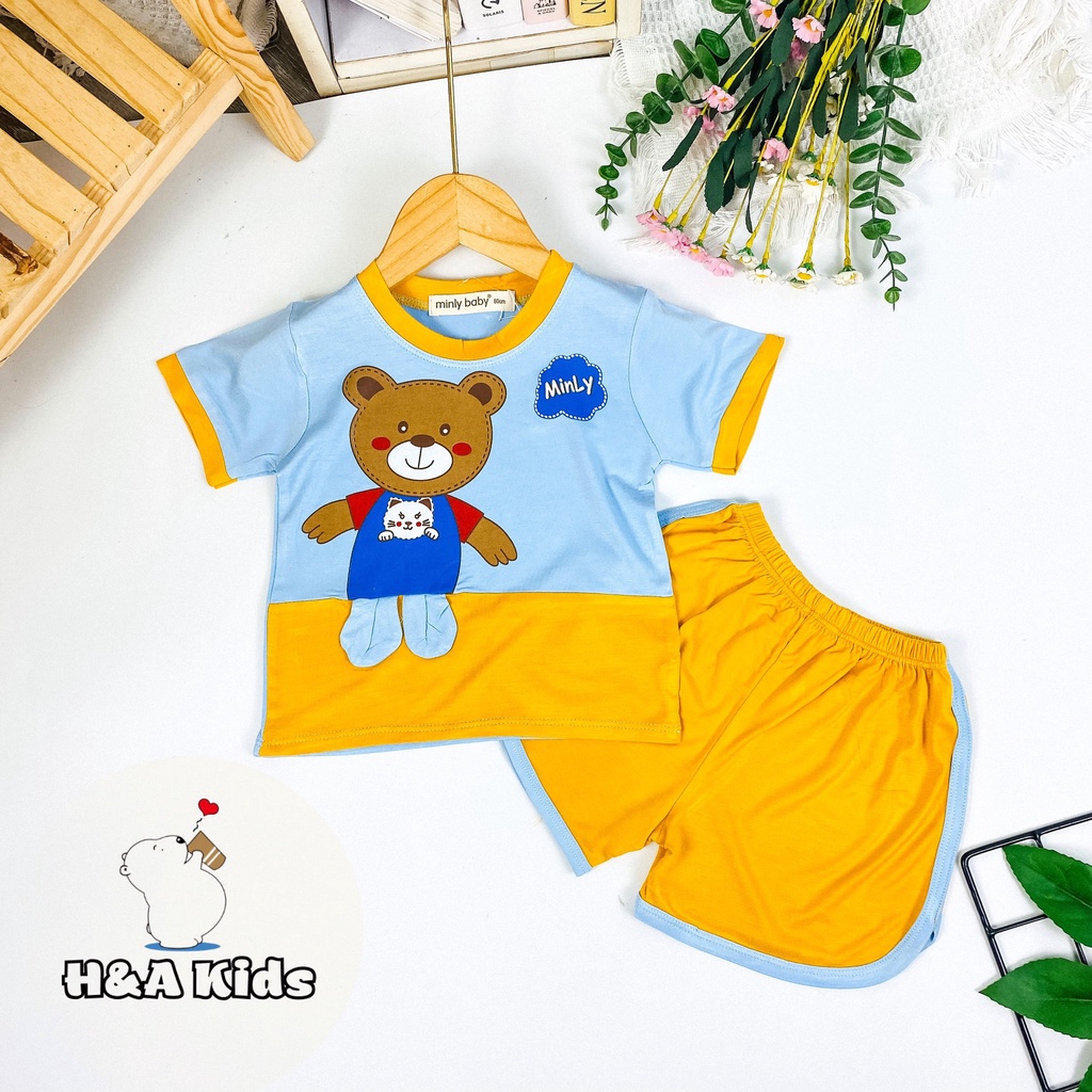 [Bé 20-33kg] Bộ ngắn tay thun lạnh in hình phối taI thỏ thật cho bé trai bé gái từ 20-33kg