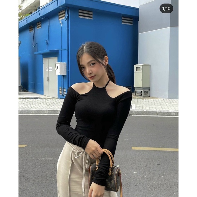 Áo croptop dài tay cổ yếm khoét vai ôm body, cơ bản FIORI STORE 277