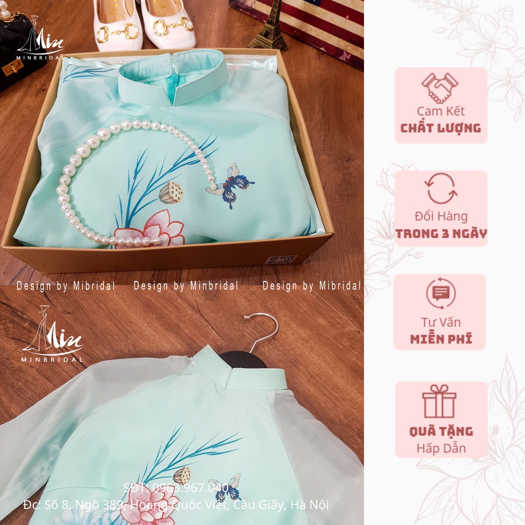 Áo dài tết màu xanh nhạt, 4 tà cổ vuông 2cm chất liệu voan tơ óng in hoa văn | BigBuy360 - bigbuy360.vn