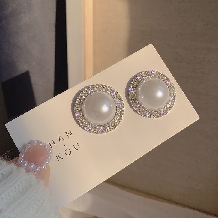 Khuyên tai tròn sát tai đá sang chảnh bông tai nữ ngọc trai tròn BT02