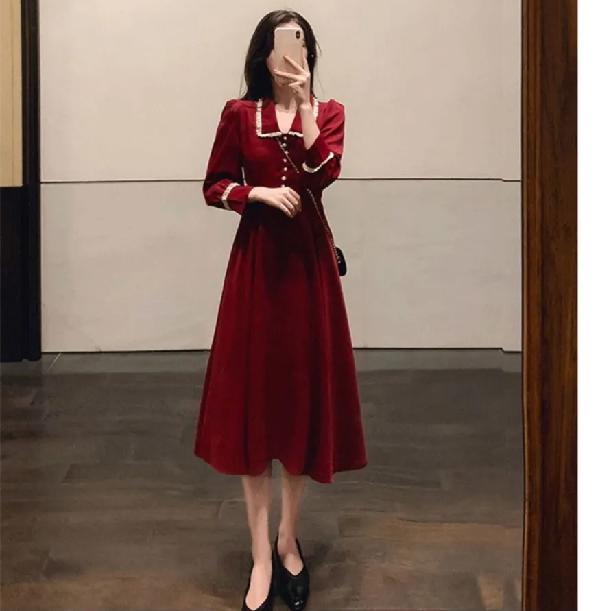 Đầm Tay Dài Lưng Cao Phối Ren Màu Đỏ / Đen Phong Cách Pháp Thanh Lịch