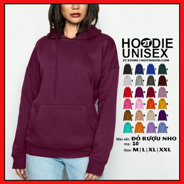 Áo hoodie unisex 2T Store H10 màu đỏ rượu nho - Áo khoác nỉ chui đầu nón 2 lớp dày dặn chất lượng đẹp