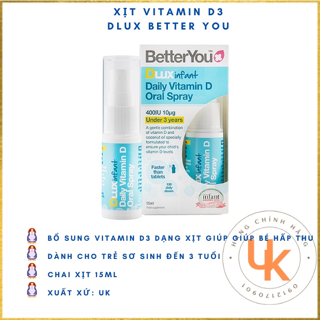 Xịt DLux BetterYou bổ sung vitamin D3 cho bé tiện lợi dễ hấp thụ