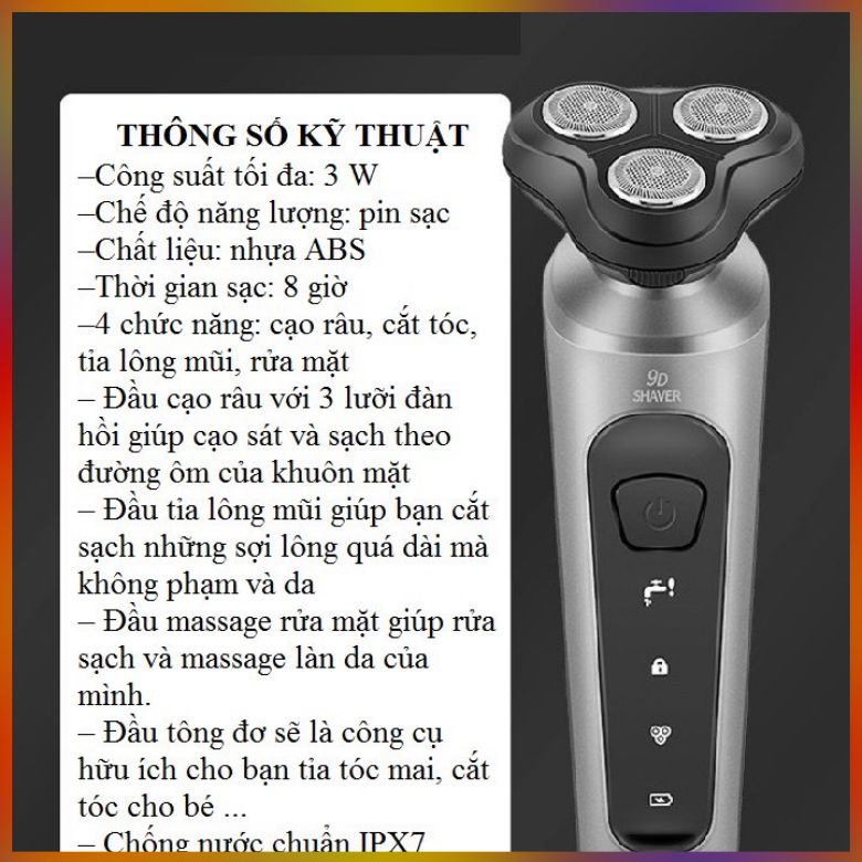 Máy Cạo Râu 9D Shaver 4in1 Đa Chức Năng Tông Đơ, Cạo Râu, Tỉa Lông, Massage Rửa Mặt Cao Cấp.