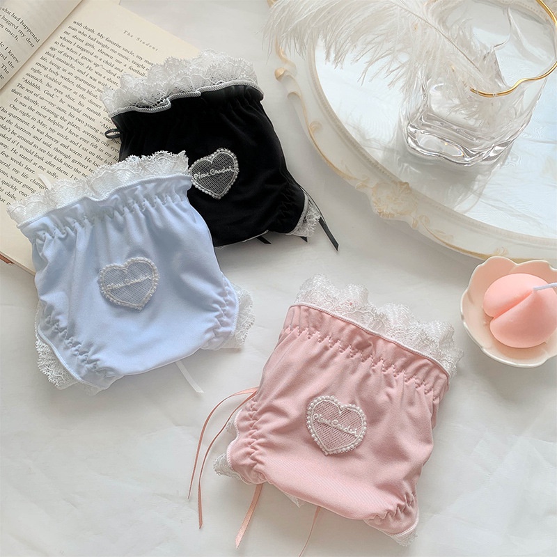 Quần Lót Cotton Lưng Vừa Màu Xanh Dương Phối Ren Phong Cách Lolita Dễ Thương Cho Nữ