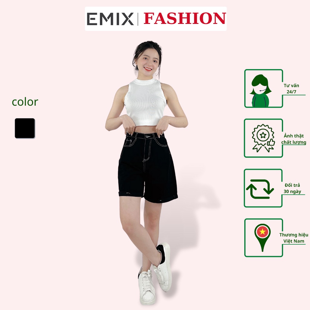 Quần jeans ngố viền chỉ nổi EMIX (màu đen), short cạp cao, dáng ngắn, ống suông, chất vải jeans mềm, ít bai xù 4110