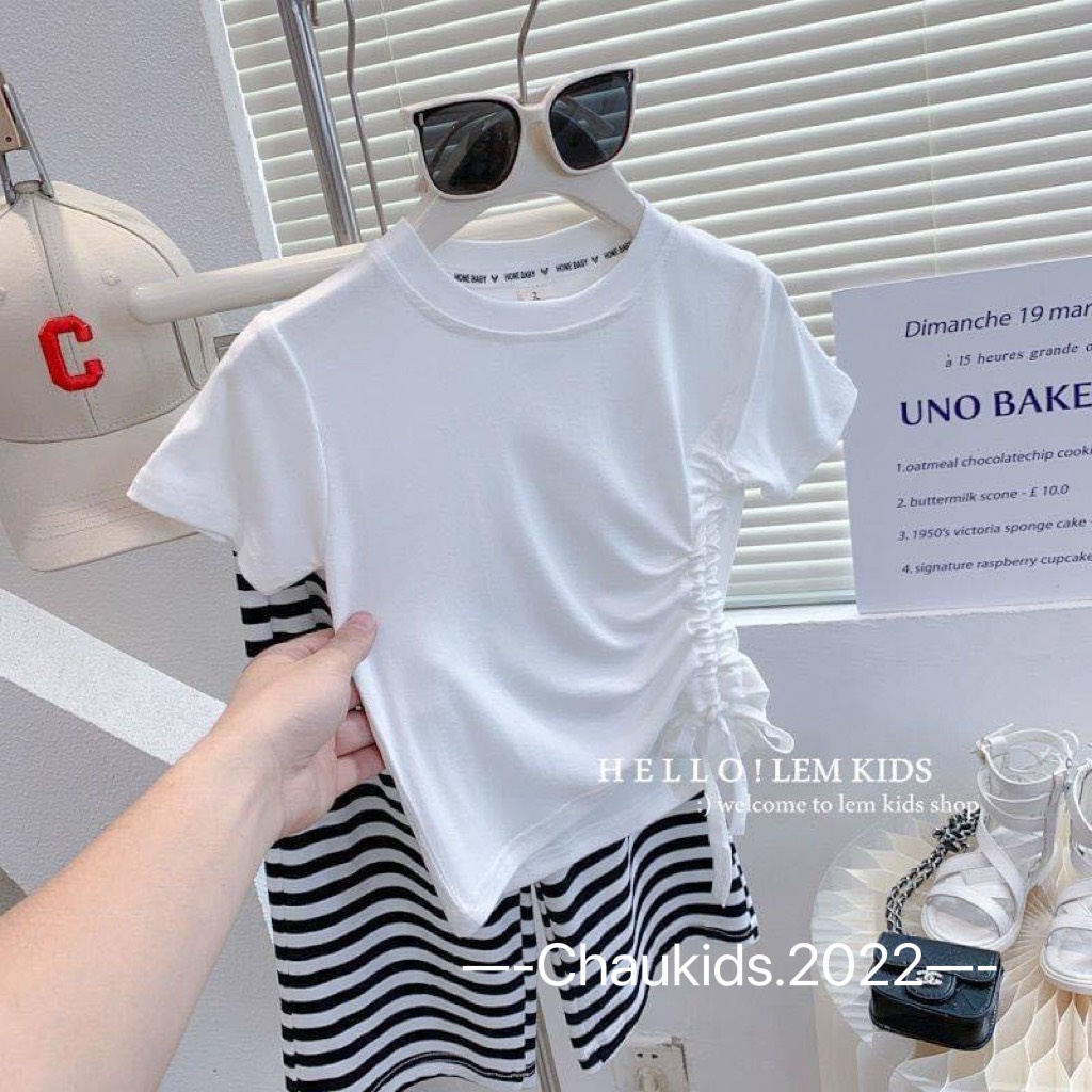 [SALE] Set Bộ Bé Gái Áo Croptop Rút Dây Quần Kẻ Ống Loe Hot Trend, Đồ Bộ Cho Bé Mặc Đi Chơi CK43