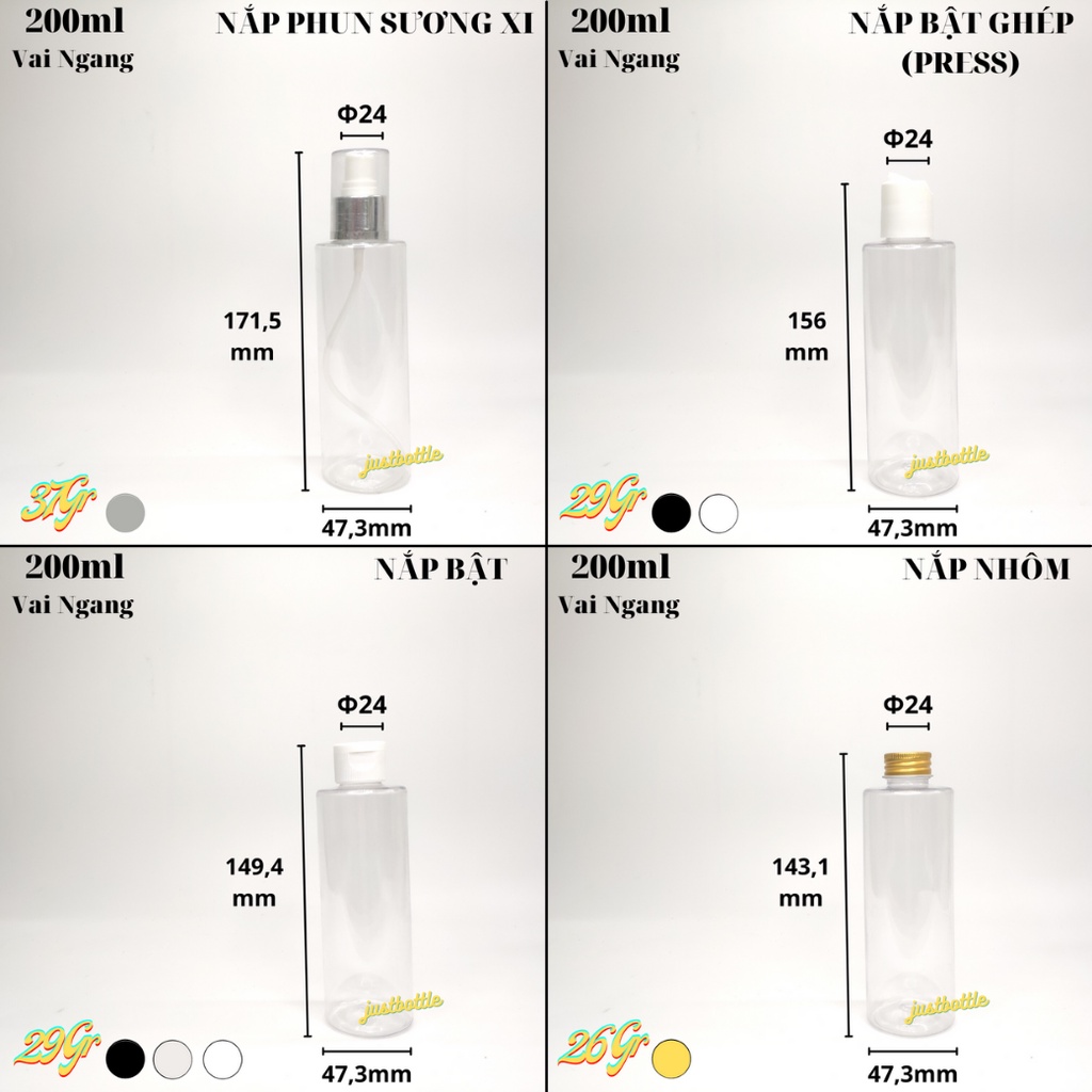 CHAI CHIẾT MỸ PHẨM 200ML TRONG VAI NGANG /VÒI NHẤN XỊT GIỌT/ TONER/ CÒ CHUỘT/ BẬT/ NHỌN/ NHÔM/ VÒI SỮA TẮM - LỌ NHỰA PET