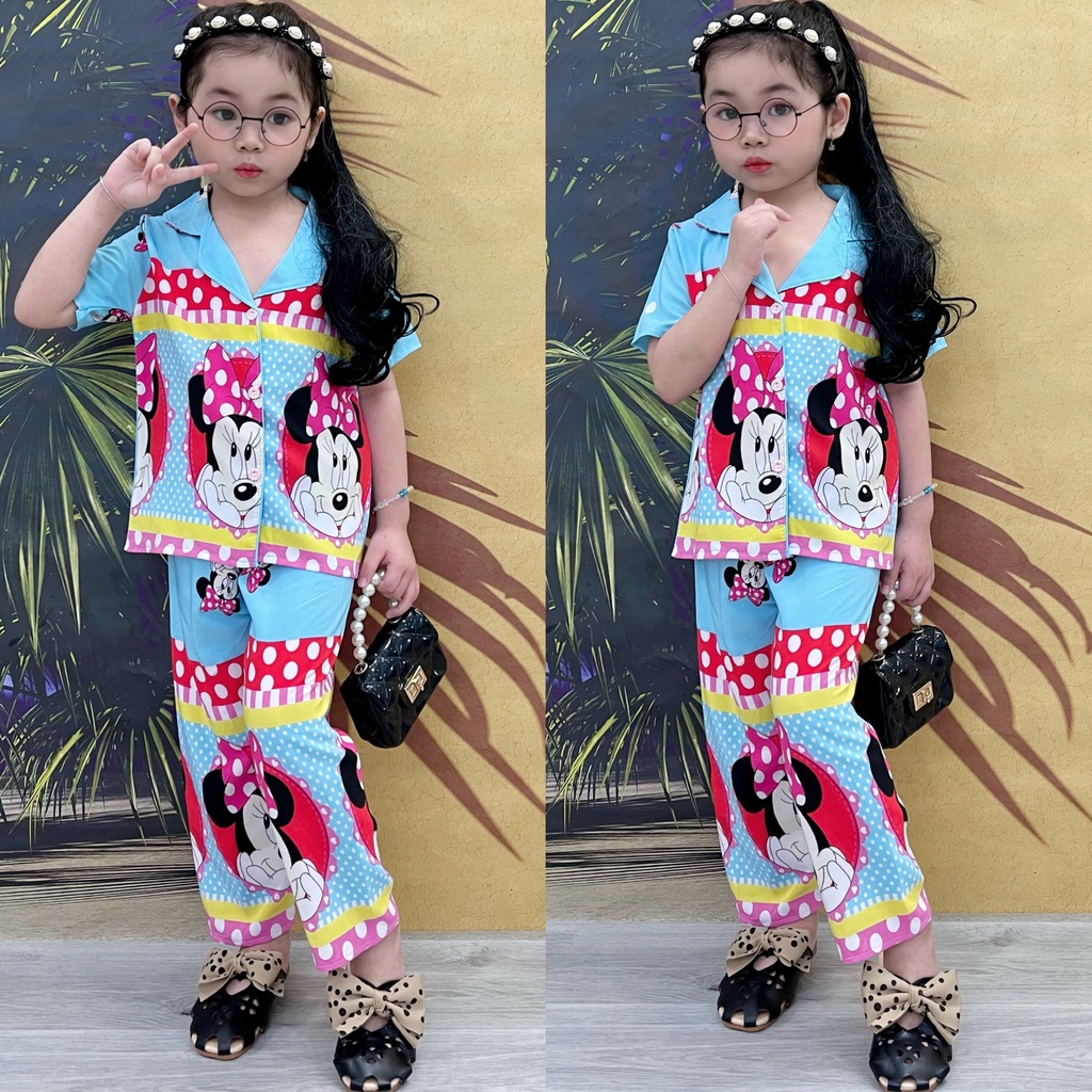 T240 Bộ pijama bé gái tay ngắn quần dài mặc nhà hoạt hình thú dễ thương 11 22kg